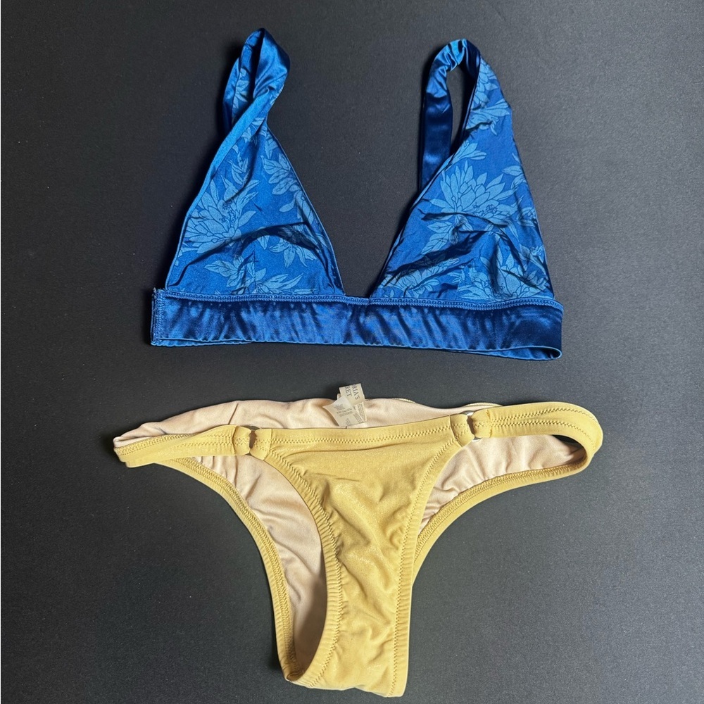 Blue Satin Bikini Top Yellow Bottom Set Tropical Y2K Minimalist Coastal